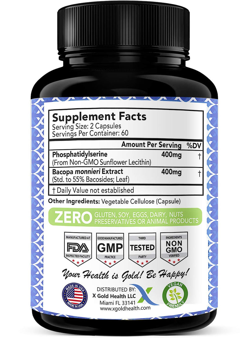 PhosphatidylSerine & Bacopa Monnieri 400 mg 2 in 1 Supplement - Natural Brain Enhancer/Nootropic for Enhanced Focus and Concentration, Memory Support, & Cognitive Function - 120 Vegetarian Capsules - NewNest Australia