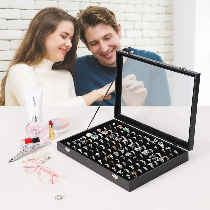 Pengup 100 Slots Ring Case Organizer Display Box,Rings Holder Storage Boxes for Jewelry Showcase with Glass Lid (Black Velvet). Black - NewNest Australia