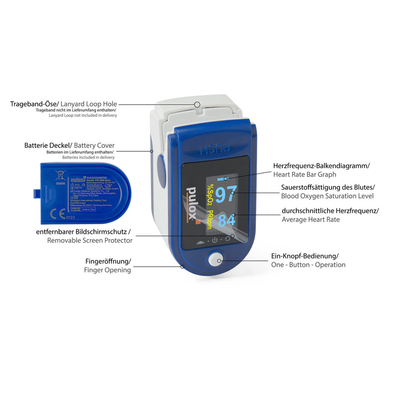 Pulse oximeter PULOX PO-200 Solo in blue Finger pulse oximeter for measuring the pulse and oxygen saturation on the finger - NewNest Australia