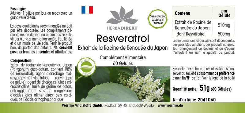Resveratrol 500mg - High Dose - Knotweed Extract - 60 Capsules | HERBADIREKT by Warnke vital substances - NewNest Australia