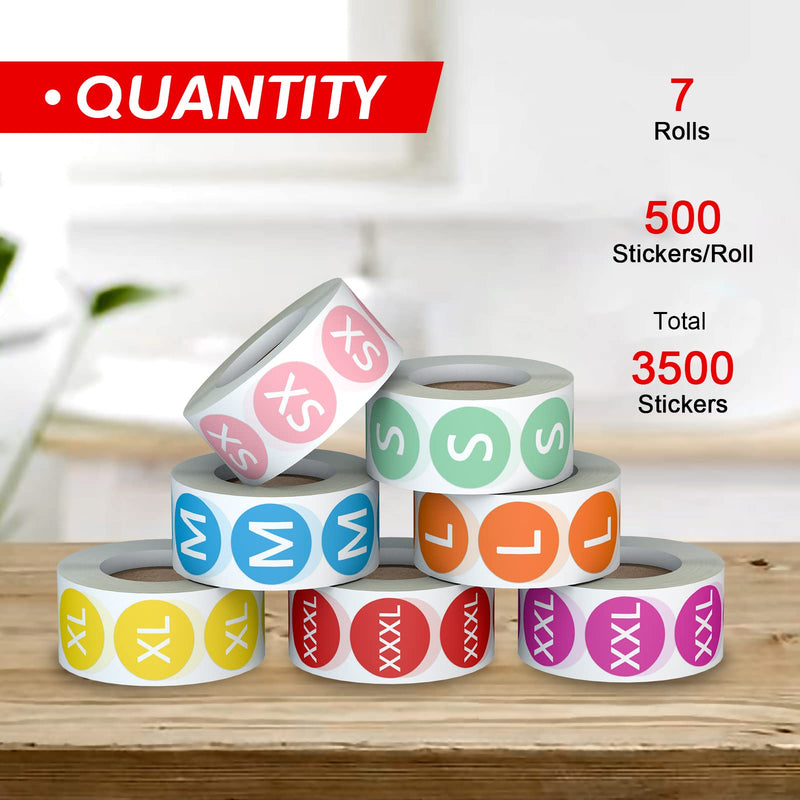 Misofuki 3500 Pcs 7 Rolls 7 Sizes 7/8 Inch Clothing Size Stickers, Colorful Coded Round Self Adhesive Apparel Size Labels for Clothing T Shirts Trousers Skirt Retail (XS,S,M,L,XL, XXL,XXXL) - NewNest Australia