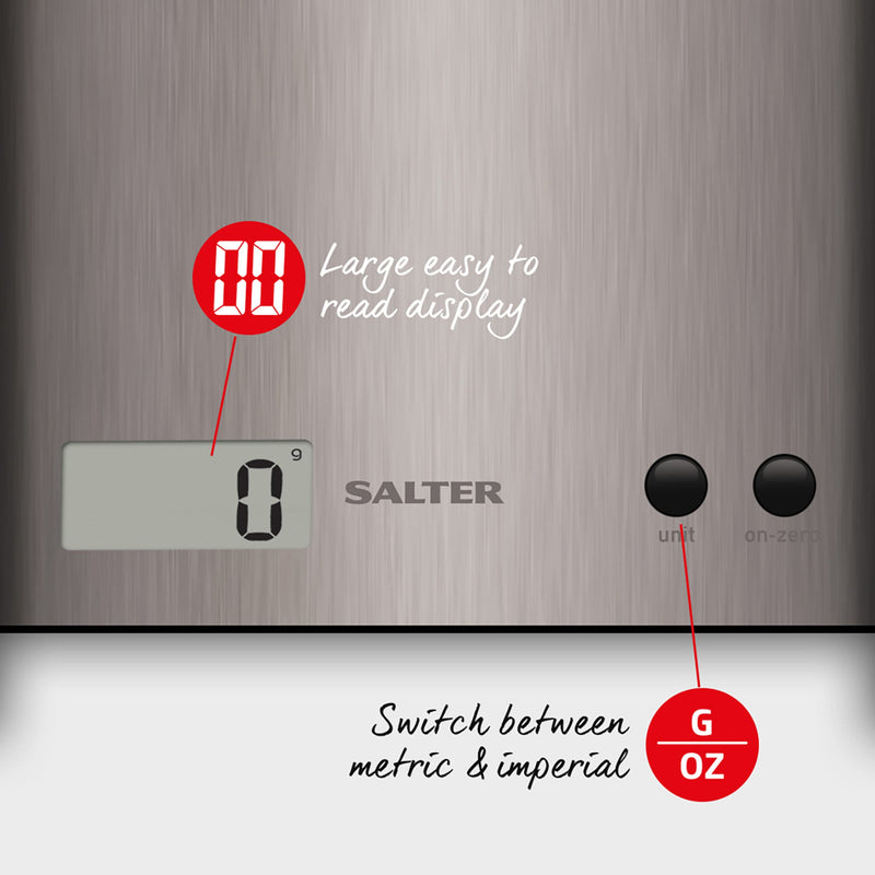 Salter 1087 SSDR Arc Digital Kitchen Scale, 3 Kg Maximum Capacity, Curved Design, Home Kitchen Cooking Scale, LCD Display, Easy to Clean, Add , Weigh, Compact, Stainless Steel Silver - NewNest Australia