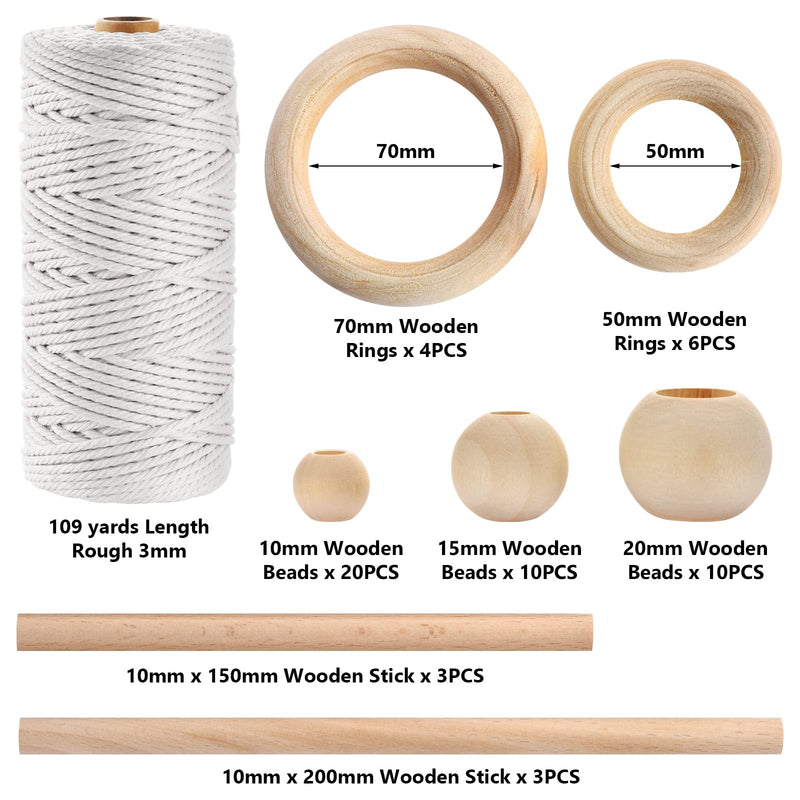 Hdviai 121Pcs Macrame Kit, Macrame Supplies 3mm x 109Yards Macrame Cord for Macrame Kits for Adults Beginners, with Accessories Like 100Pcs Beads and 10Pcs Wooden Rings for Macrame Plant Hanger Kit 3MM x 109Yards Kit - NewNest Australia