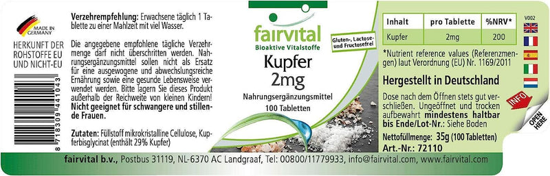 Fairvital | Copper tablets 2mg - HIGH DOSE - dietary supplement made from copper bisglycinate - vegan - 100 tablets - NewNest Australia