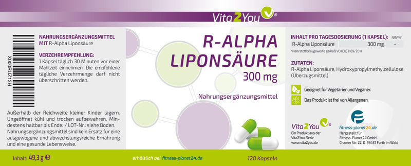 Vita2You R - Alpha Lipoic Acid 300mg - 120 capsules - High bioavailability thanks to R-form - High dosage - Vegan - Premium quality - NewNest Australia