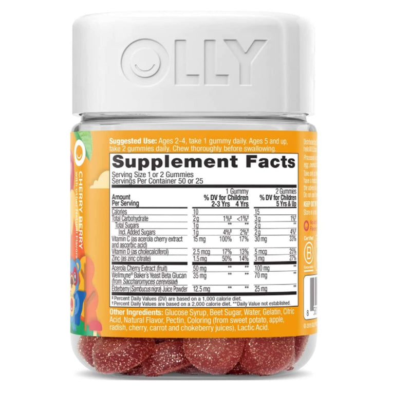 OLLY Kids Immunity Gummy, Immune Support, Wellmune, Elderberry, Vitamin C, Zinc, Kids Chewable Supplement, Cherry - 50 Count - NewNest Australia