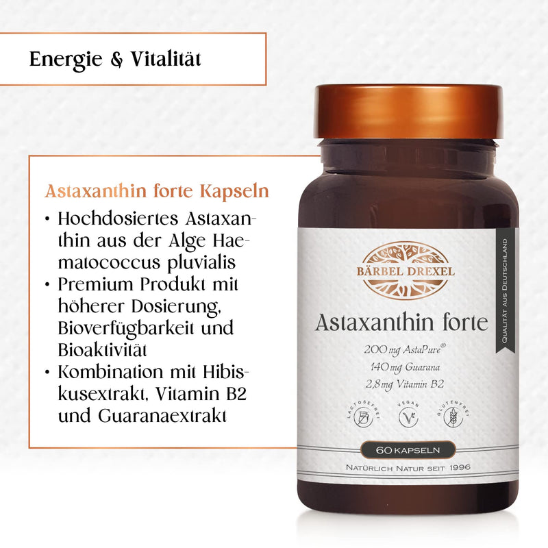 Astaxanthin High Dose 6 mg Natural Premium Capsules (60 pieces) Haematococcus pluvialis, algae powder, antioxidants, vitamin B2, high bioavailability, Astaxanthin Forte Premium by Bärbel Drexel - NewNest Australia