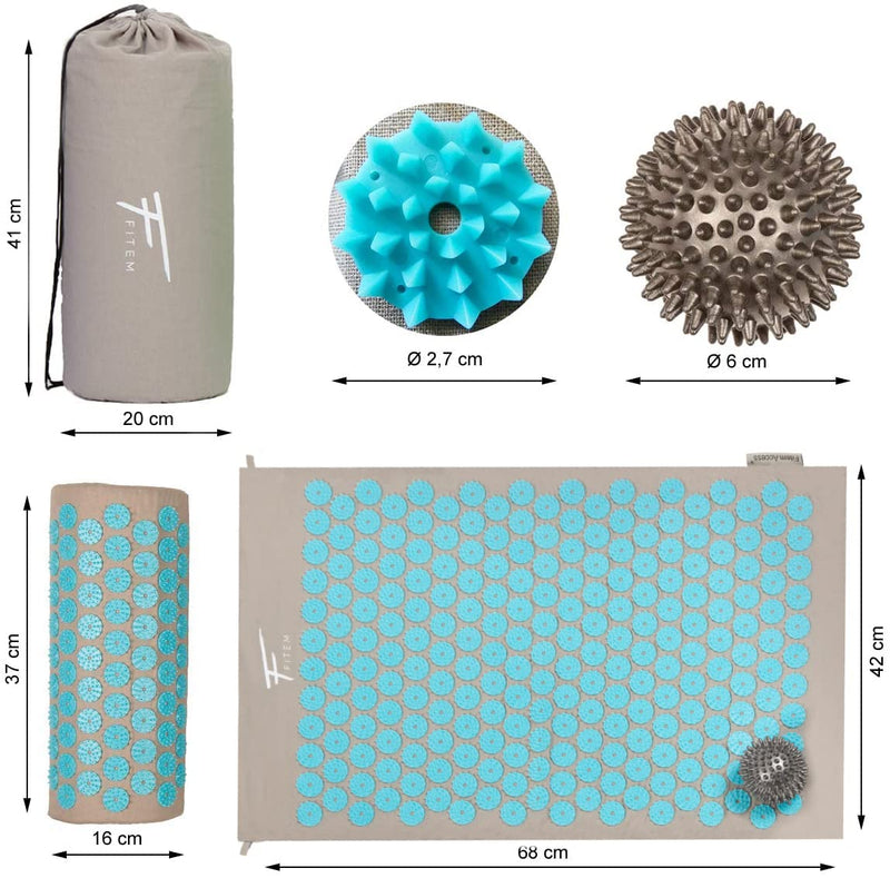 Fitem Acupressure Set ‚ Acupressure Mat, Acupressure Cushion, Bag, Massage Ball For Relieving Of Pain In The Back And Neck ‚ Sciatica ‚ Back Massage, Muscle Relief And Recovery After Exercise Qc-M230Andqc-Pl66-Turquoise Grey-Turquoise - NewNest Australia