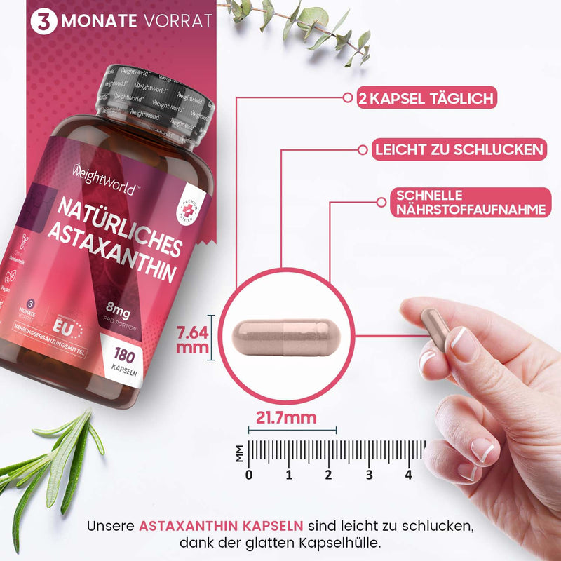 Natural & Pure Astaxanthin 8Mg - 160Mg Haematococcus Pluvialis Algae (Sea Algae) - 180 Vegan Capsules For 3 Months - With High Bioavailability Astaxanthin - For Women & Men - Weightworld - NewNest Australia