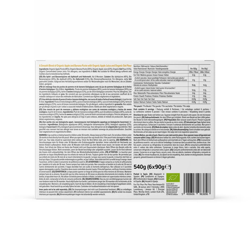 Amazon Brand - Mama Bear Fruit and Cereal Pouch Organic Apple and Banana Puree with Organic Apple Juice and Organic Oat Flour, 6 x 90g Apple, Banana & Oat - NewNest Australia