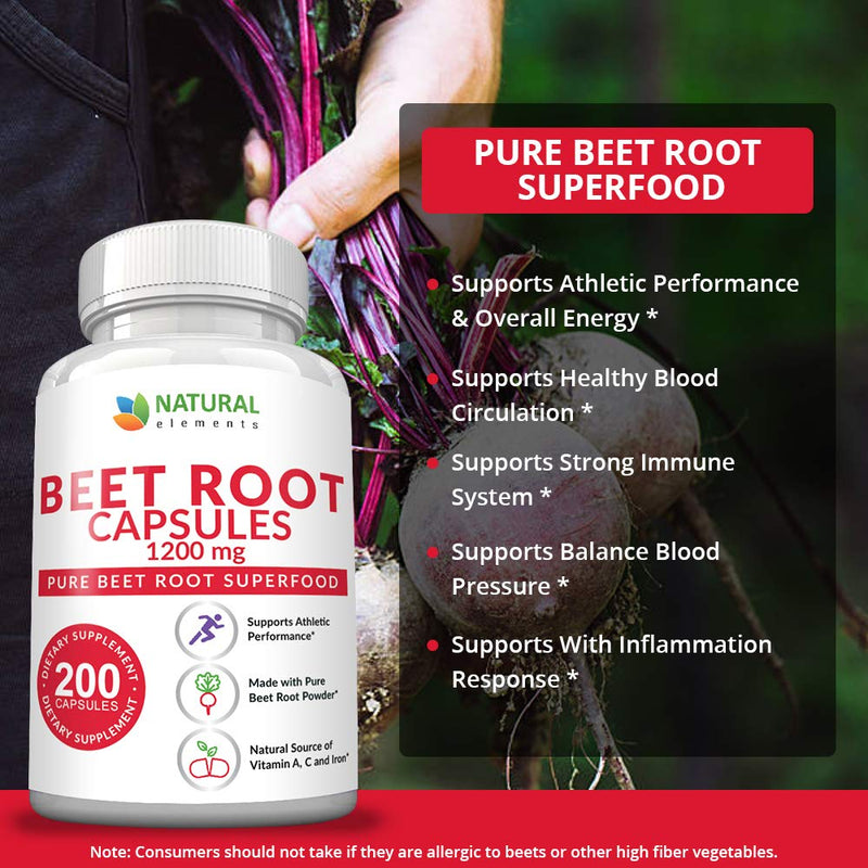 Beet Root Capsules - 1200mg Per Serving - 200 Beet Root Powder Capsules - Beetroot Powder Supports Blood Pressure, Athletic Performance, Digestive, Immune System (Pure, Non-GMO & Gluten Free) - NewNest Australia