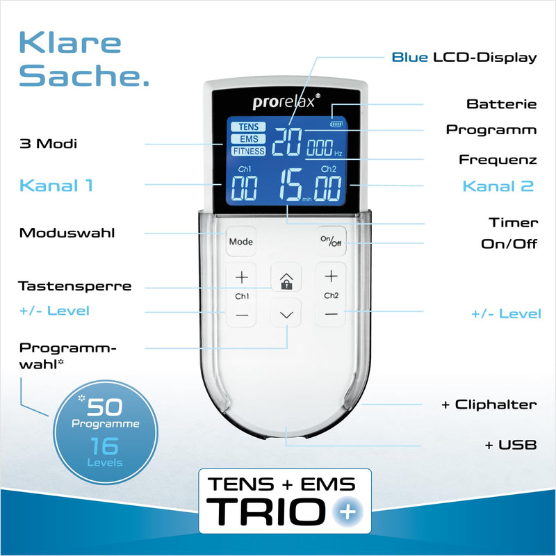 Prorelax Tens/Ems Trio+ | Battery-Operated Electrostimulation Device | 3 Therapies - Tens, Ems, Fitness | For Relaxation, Muscle Building, Pain Relief | 50 Programs | 16 Intensity Levels Trio+ - NewNest Australia
