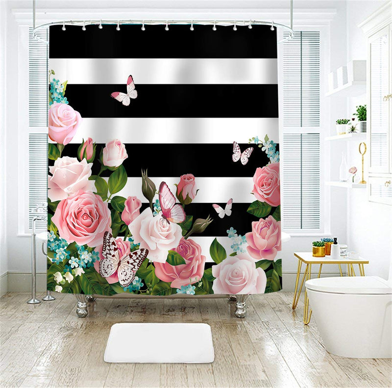 LIVILAN Black and White Shower Curtain with Pink Roses, Butterfly Fabric Shower Surtains Set with Hooks, Decorative Striped Shower Curtains for Bathroom 72x72 Inches 72"x72" - NewNest Australia