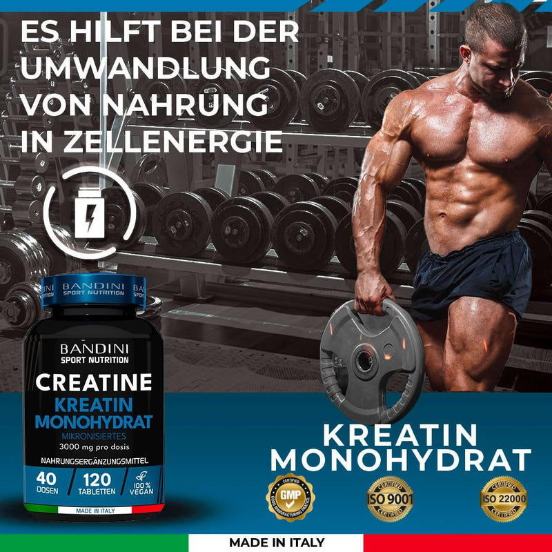 Bandini Creatine Monohydrate Mercury Free 120 Tablets - 3000 Mg Creatine Monohydrate In Micronized Quality Optimal High Dose - Creatine Without Additives - 100% Vegan - Supply For 40 Days - NewNest Australia