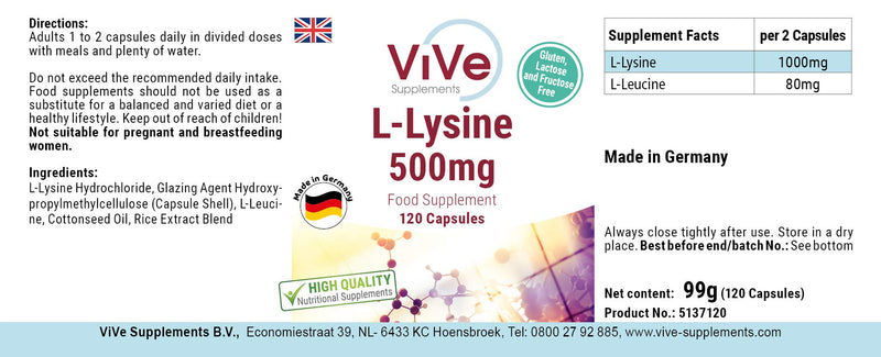 Lysine Capsules - 500mg - 120 Capsules - High Dose - Vegan | Quality from Germany from ViVe Supplements - NewNest Australia