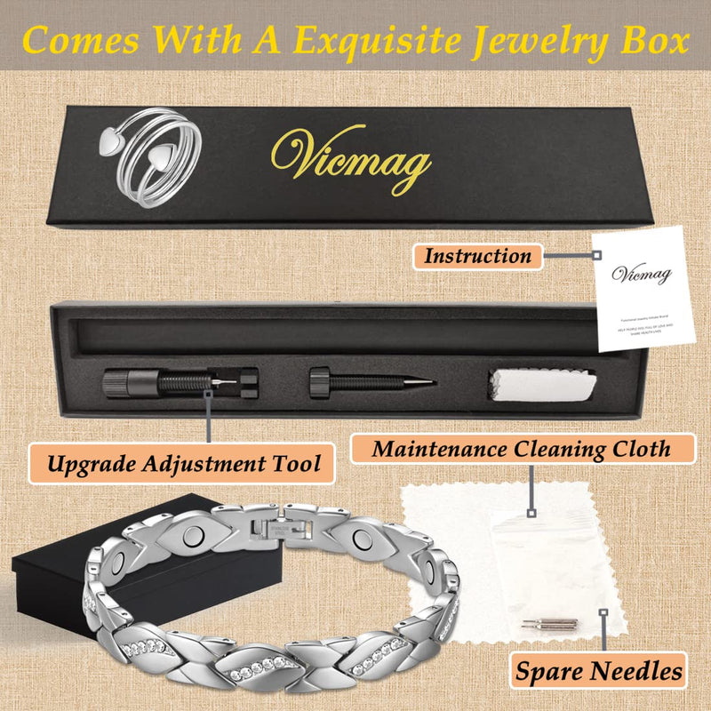 Vicmag Magnetic Bracelets for Women, Titanium Steel Brazaletes Ultra Strength Magnetic Gift Box with Removal Tool (Crystal Design for Ladies) (Platinum) Platinum - NewNest Australia