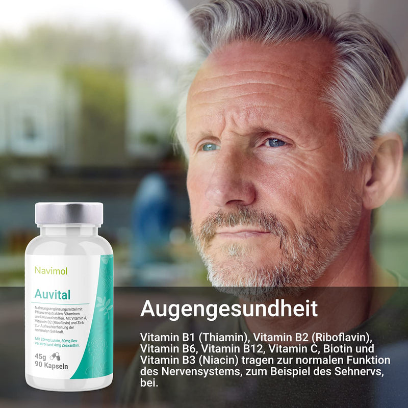 Auvital - 90 capsules | Dietary supplement: With vitamin A, vitamin B2 (riboflavin) & zinc to maintain normal vision | 20mg lutein | 50 mg resveratrol | 4mg zeaxanthin - NewNest Australia