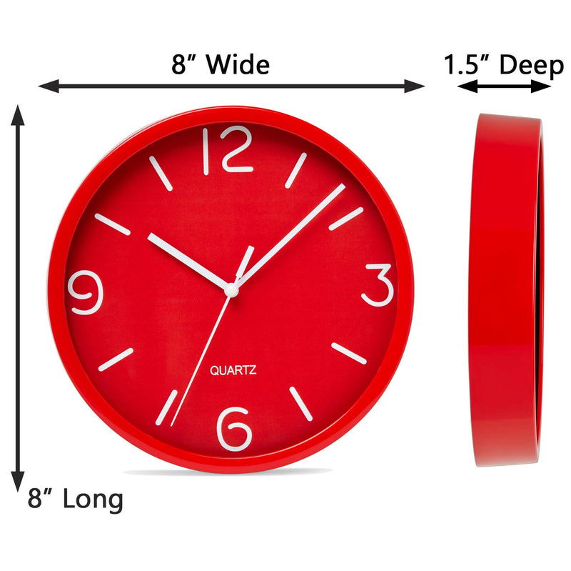 NewNest Australia - Bernhard Products Red Wall Clock 8 Inch Silent Non Ticking, Quality Quartz Battery Operated Small Round Easy to Read for Kitchen Home Office Bedroom Bathroom Decorative Clocks (Red) Candy Apple Red 