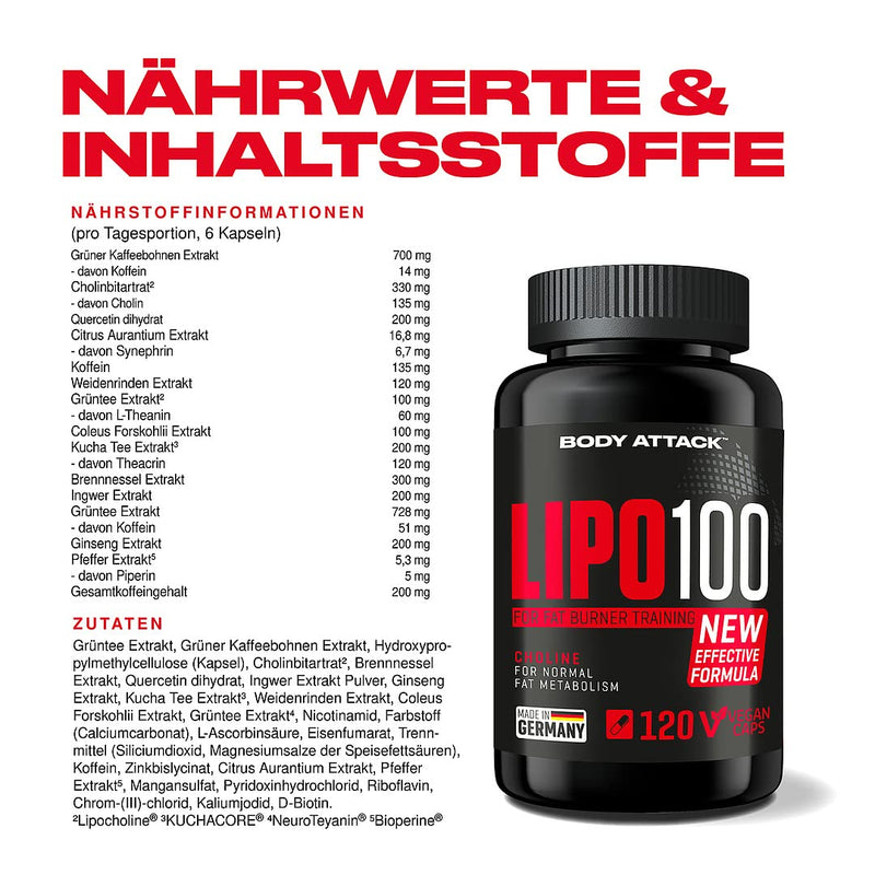 Body Attack Lipo 100, 120 Caps, With Lipocholine, 200 Mg Caffeine From Vegetable Sources, For Fat Burner Training, Additional B Vitamins, Extra Zinc Addition, Made In Germany - NewNest Australia