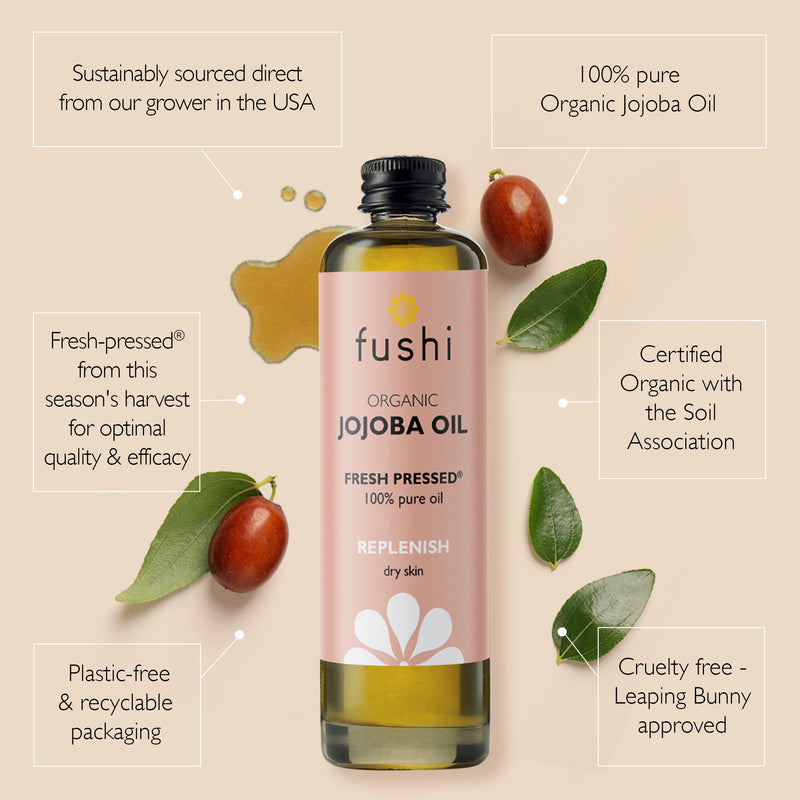 Fushi Organic Jojoba Oil 100 ml | Fresh-Pressed| Rich in Vitamin E | Best for Skin Cleansing, Dry Skin & Dry Hair | Hypoallergenic Oil | Ethical & Vegan Society Approved | Manufactured in the UK - NewNest Australia