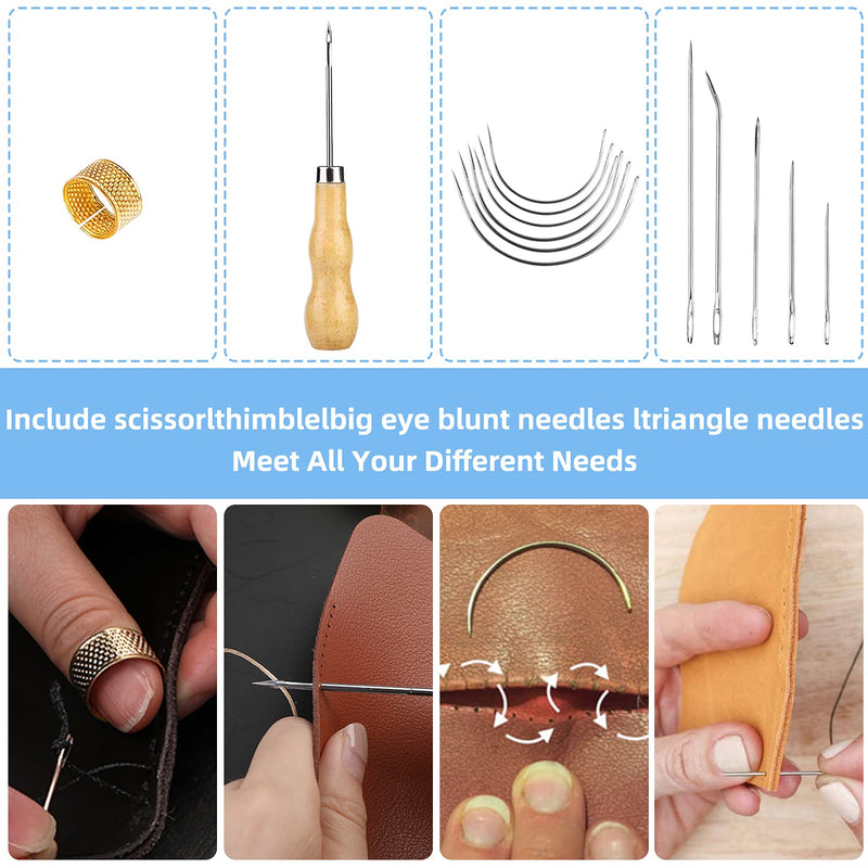 34 PCS Basic Leather Sewing Kit: Upholstery Thread Cord, Leather Waxed Thread with Sewing Awl, Seam Ripper, Tape Measure Large-Eye Stitching Needles for DIY Leather Craft Repair - NewNest Australia