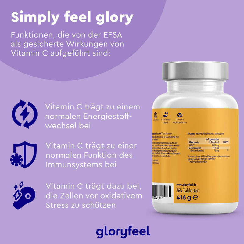 MSM 2000mg + Natural Vitamin C - 365 high-dose tablets - For bones, joints, skin & immune system* - Vegan methylsulfonylmethane - Laboratory tested and made in Germany without additives - NewNest Australia