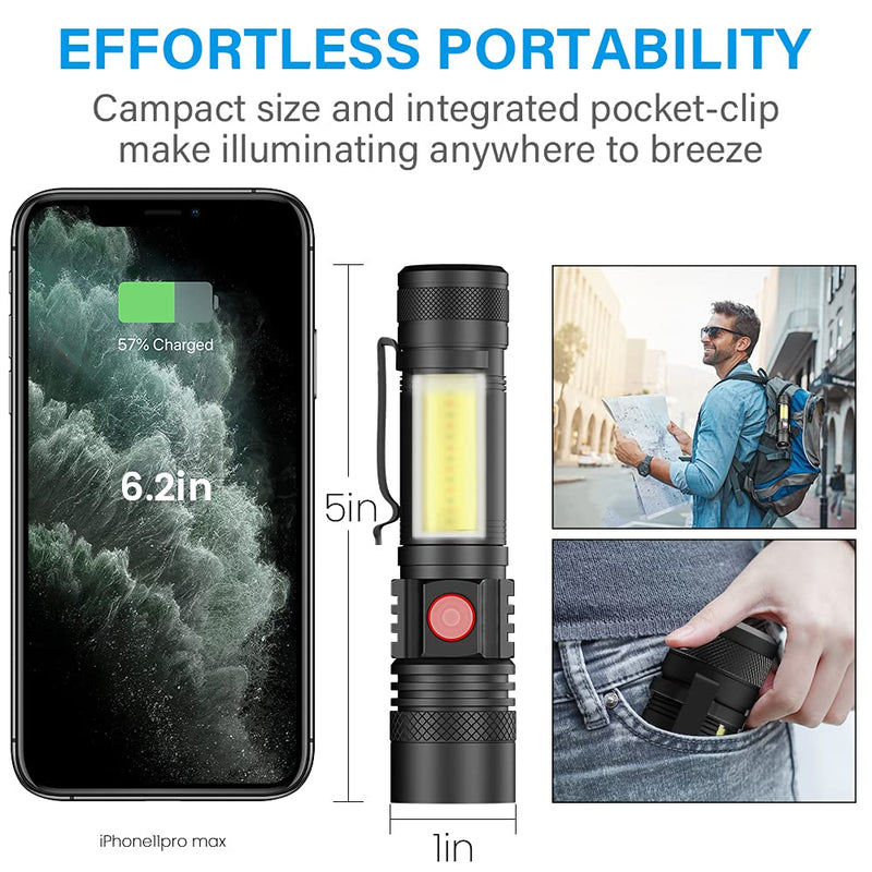 USB Rechargeable Flashlight, Vnina Magnetic LED Flashlights Super Bright Tactical Flashlights with Cob Sidelight Waterproof Zoomable 6 Modes USB Rechargeable for Camping Emergency(Battery Included) Red - NewNest Australia