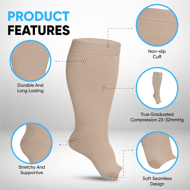 Compression Socks, Flight Socks for Women and Men. (2 Pairs) Plus Size, Wide Calf, Medical Compression Stockings. Knee High with Open Toe. Excellent Support, Helps with Varicose Veins. 6XL - NewNest Australia