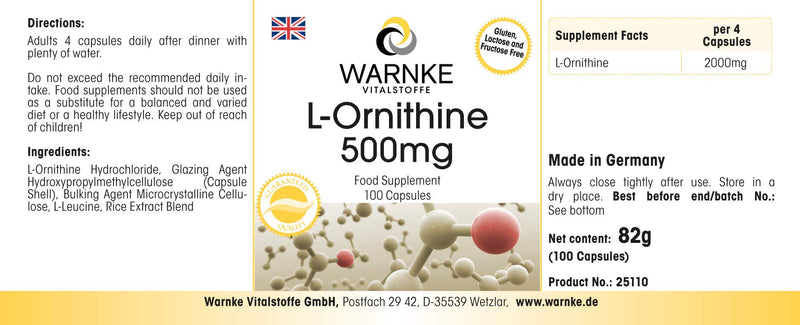 L-Ornithine capsules - 500mg L-Ornithine per capsule - high dosage & vegan - 100 capsules - amino acid | Warnke vital substances - NewNest Australia