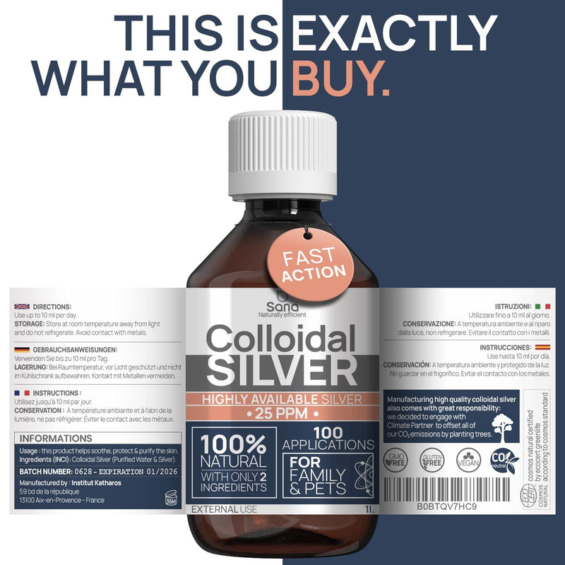 Colloidal Silver 25Ppm 1000 Ml ‚Óè Premium Silver Water Stronger Than 25 Ppm ‚Óè For Humans, Dogs & Cats ‚Óè Carbon Neutral ‚Óè 100% Natural With 2 Ingredients - NewNest Australia
