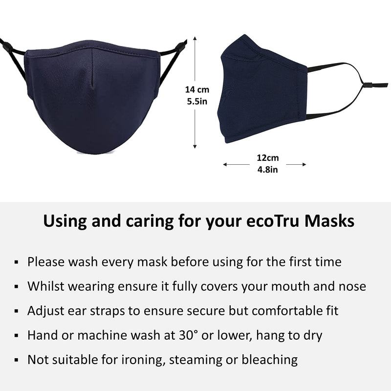 ecotru UK 4 Pack Reusable Cotton Face Masks, 2 Navy Blue, 2 Black Mask with Nose Wire for Glass Wearers, 3-Ply Washable & Breathable Fabric with Filter Pocket & Adjustable Loops - NewNest Australia
