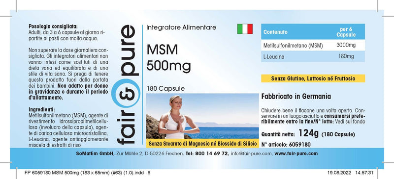 MSM capsules 500mg - methylsulfonylmethane - vegan - 180 MSM capsules - 100% MSM per capsule - pure substance without magnesium stearate - NewNest Australia