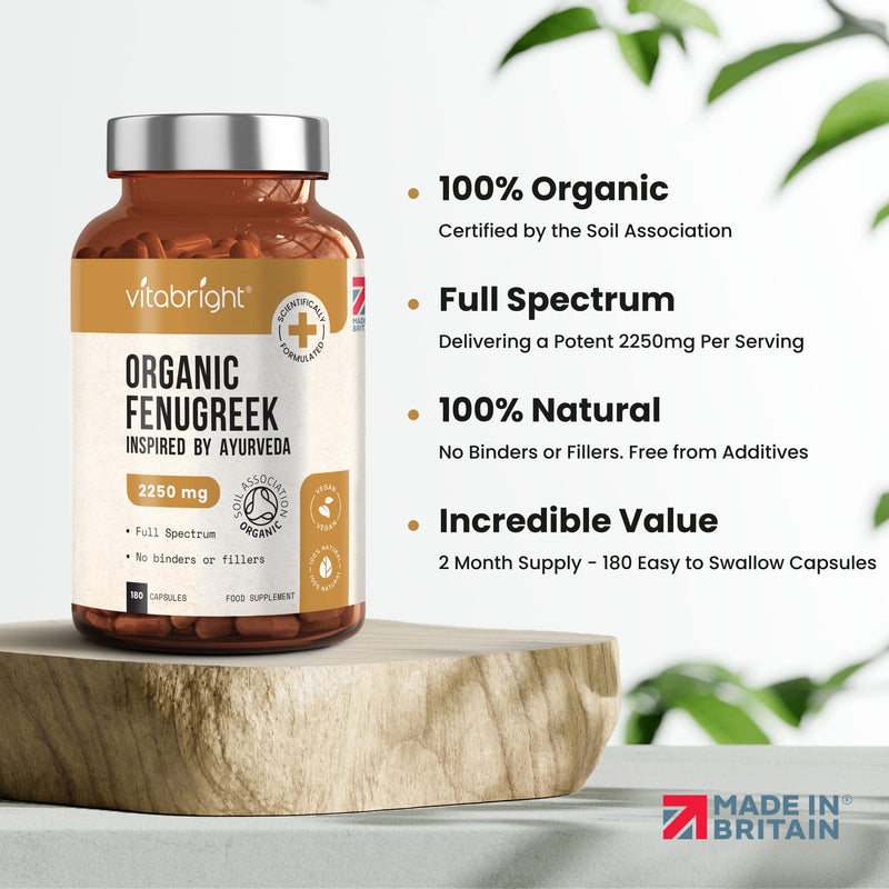 Organic Fenugreek Capsules - 2250mg High Strength - 180 Capsules (60 Day Supply) - Supports Healthy Blood Sugar Levels and Healthy Cholesterol Levels - Vegan - Made in The UK by VitaBright - NewNest Australia