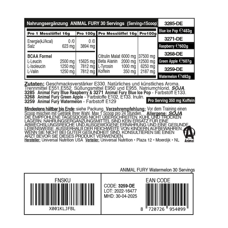 Universal Nutrition Animal Fury Pre Workout Booster (Watermelon) With Caffeine, Beta Alanine, Citrulline, L-Tyrosine & Bcaa For Maximum Energy & Supply Of Amino Acids During Training, 500G - NewNest Australia