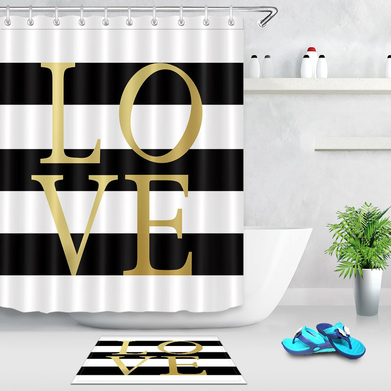 LB Classic Black and White Shower Curtain with Gold Love Simple Striped Bathroom Curtain 60x72 Inch Waterproof Polyester Fabric with 10 Hooks 60Wx72L Multi 01 - NewNest Australia