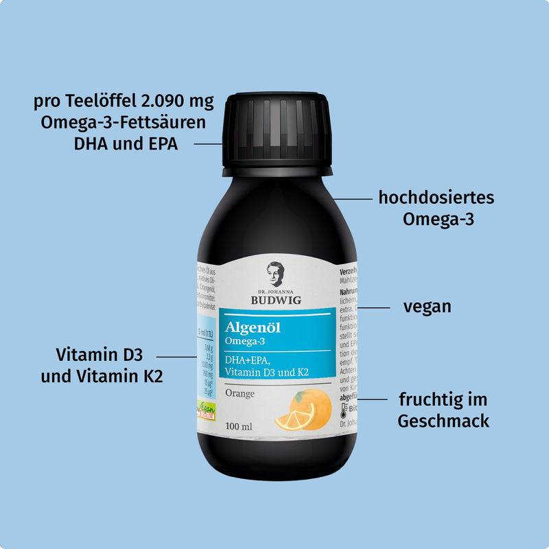 Dr. Budwig Omega 3 Algae Oil Orange (100 ml) high dosage, rich in DHA, EPA, vitamin D3 and K2, with a fruity orange flavor, vegan and vegetarian - NewNest Australia