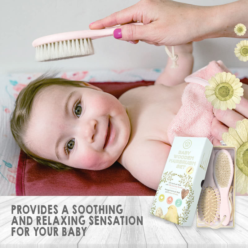 Baby Hair Brush - Natural Wooden Cradle Cap Brush with Soft Goat Bristle - Baby Brush Set for Newborns - Toddler Comb - Perfect Scalp Grooming Product for Infant, Toddler, Kids (Oval, Blush) Oval - NewNest Australia