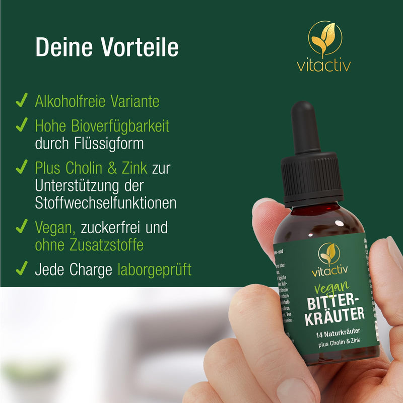 VITACTIV bitter herbs - bitter drops without alcohol - select herbs plus choline & zinc - bitter substances drops according to Hildegard von Bingen - without artificial additives, sugar-free, vegan - 50ml - NewNest Australia