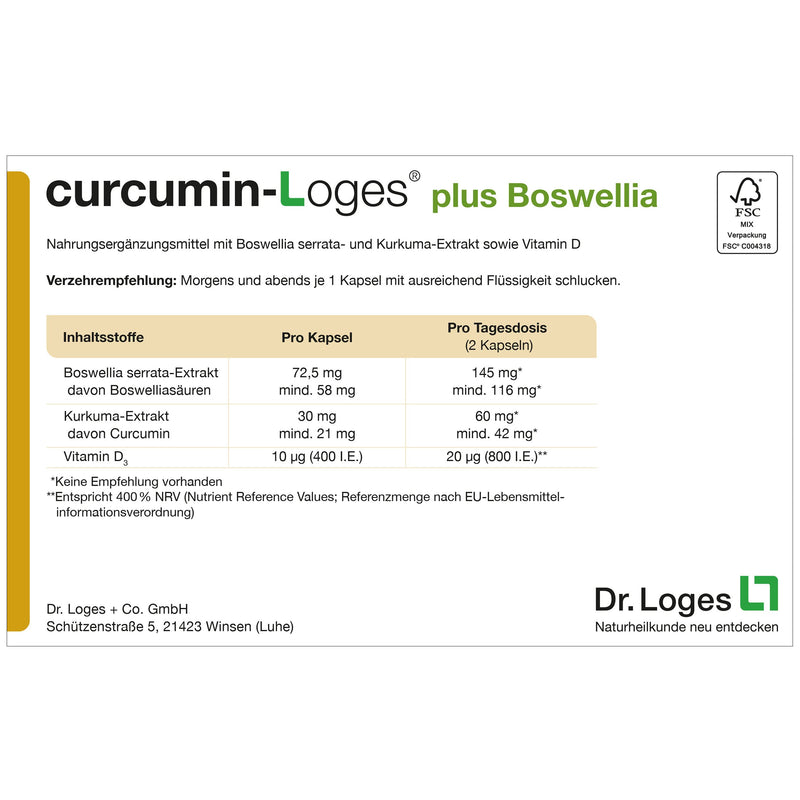 curcumin-Loges® plus Boswellia - 120 capsules - dietary supplement with highly bioavailable curcumin and boswellia acids as well as vitamin D 120 pieces (pack of 1) - NewNest Australia