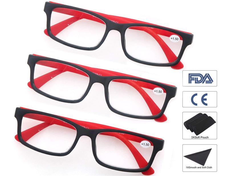 MODFANS Reading Glasses 1.0 Men Women 3 Pack,Rectangular Clear Lens Comfort Spring Hinge Eyeglasses,Stylish Lightweight Plastic Readers with Pouch (3 Red) +1.00 3 Pairs of Red - NewNest Australia