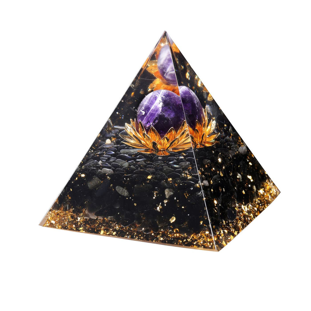 JOVIVI Pyramid Crystal Gold Lotus Flower Hold Amethyst Ball Black Obsidian Stones Reiki Healing Energy Generator Crystal Pyramid Feng Shui Ornament for Protection Spiritual Home Decor Gifts Amethyst Crystal Ball - NewNest Australia