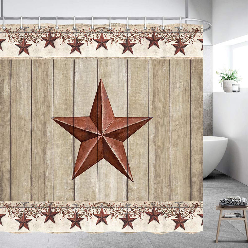 Rustic Barn Star on Wooden Door Shower Curtain, Western Texas Star and Primitive Berries on Country Wooden Plank Bath Curtains, Polyester Fabric Bathroom Shower Curtain 12PCS Hooks 69X70IN 69X70 - NewNest Australia