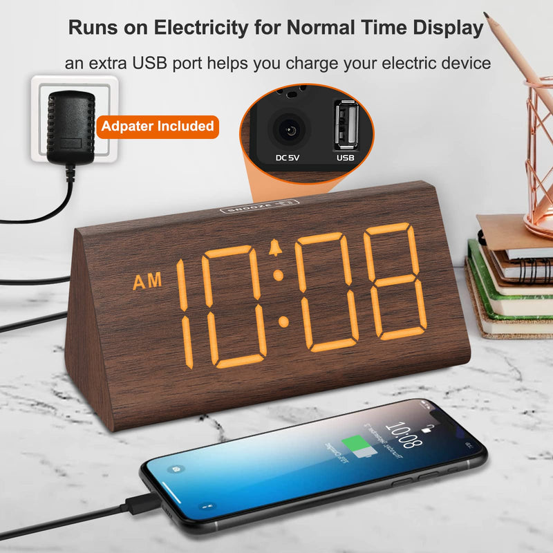 DreamSky Wooden Digital Alarm Clocks for Bedrooms - Electric Desk Clock with Large Numbers, USB Port, Battery Backup Alarm, Adjustable Volume, Dimmer, Snooze, DST, 12/24H, Wood Décor - NewNest Australia