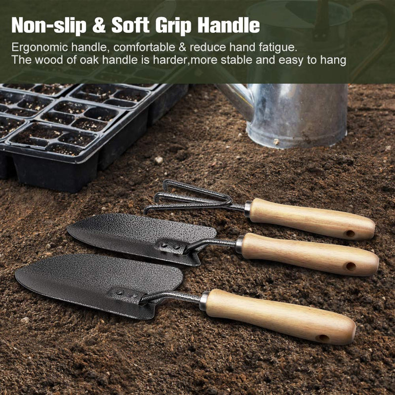 MOSFiATA Garden Tools Set, 3 Pcs Garden Tools Kit, High Carbon Steel Heavy Duty Gardening Tools Kit Includes Hand Trowel, Transplant Trowel and Cultivator Hand Rake All with Ergonomic Handle - NewNest Australia