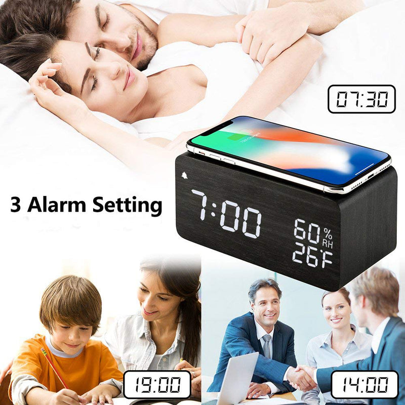 NewNest Australia - Wooden Digital Alarm Clock with Wireless Charging, 3 Alarms LED Display, Sound Control and Snooze Dual for Bedroom, Bedside, Office (Black) Black 