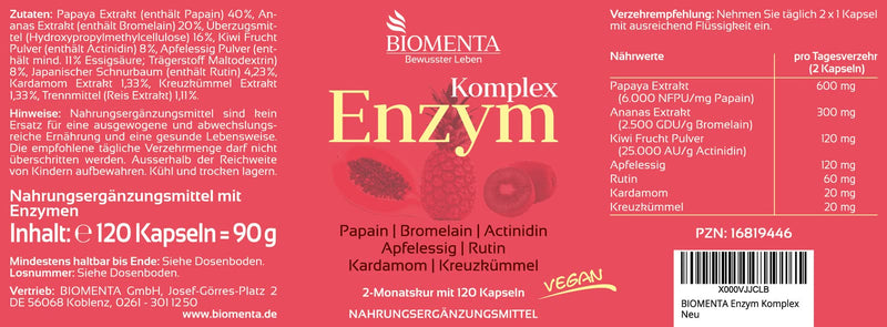 Biomenta Multi Enzyme Complex - With Papaya (Papain), Pineapple (Bromelain), Kiwi (Actinidine), Apple Vinegar, Rutin, Cardamom, Cumin - Vegan, 120 Enzyme Capsules - 2 Month Treatment - NewNest Australia