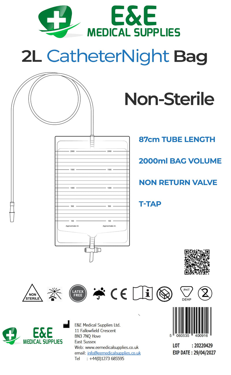 E&E 2000ml Urine Drainage Bags – Non Sterile Bags with T-Tap Valve and 85cm Tube 10Pack Drainable Urinary Bags Non-Latex Drainage Bags Non Sterile - NewNest Australia