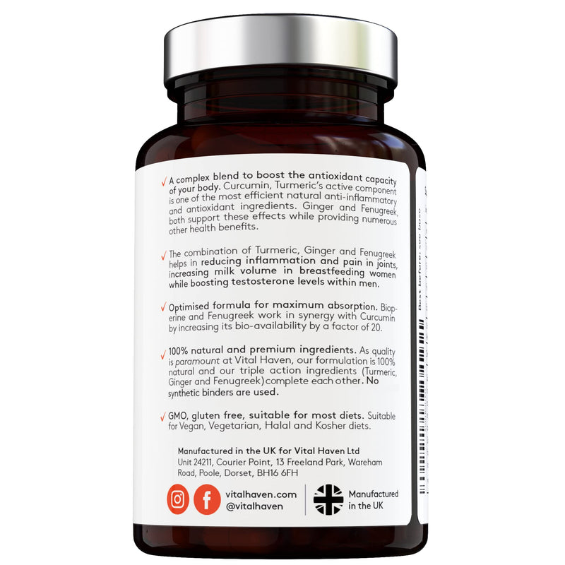 100% Natural - Triple Action: Turmeric, Ginger & Fenugreek - with Bioperine for Better Absorption - Vegan - High Strength - Premium Ingredients - for Healthier Joints - Made in The UK - NewNest Australia