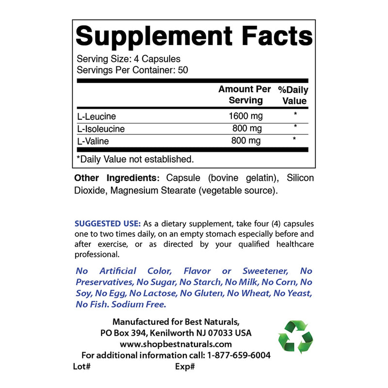 Best Naturals BCAA Branch Chain Amino Acid, 3200mg per Serving, 200 Capsules - Pharmaceutical Grade - 100% Pure Instantized Formula | Pre/Post Workout Bodybuilding Supplement | Boost Muscle Growth - NewNest Australia