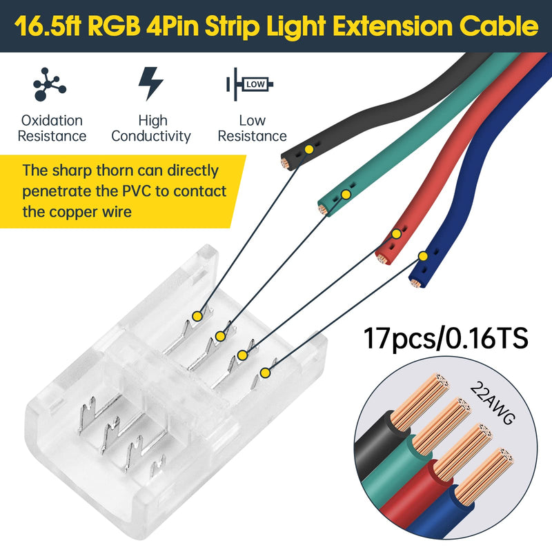 GXILEE Led Light Connectors, 4 Pin Led Connectors for 10mm Waterproof or Non-Waterproof 5050 RGB Strip 10 Pack, Strip to Wire Connection Without Stripping, Include 16.4ft 22 Gauge Led Extension Cable - NewNest Australia